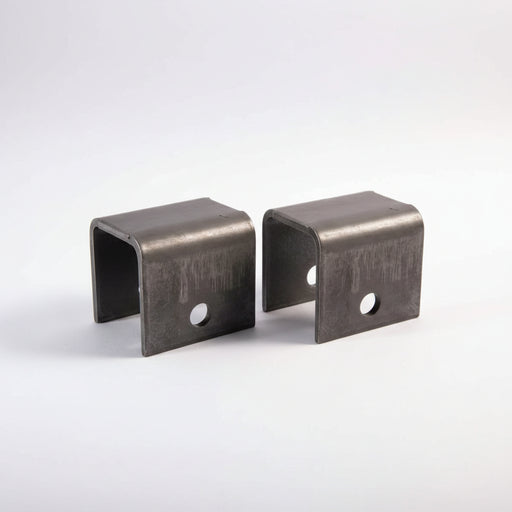 A heavy steel spring hanger with a 3 inch length and 2-1/4 inch drop, designed for use with a shackle bolt.