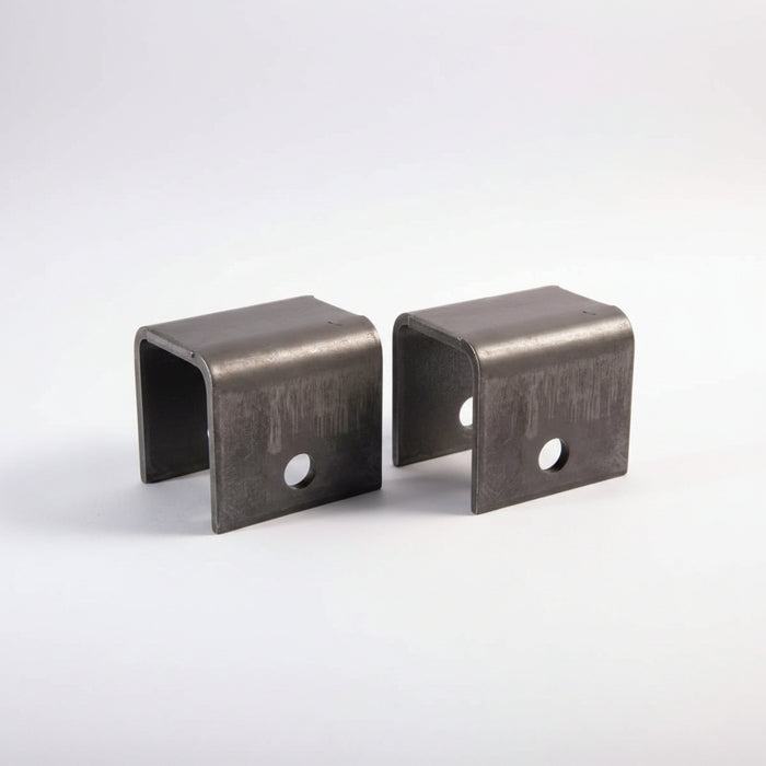A heavy steel spring hanger with a 3 inch length and 2-1/4 inch drop, designed for use with a shackle bolt.