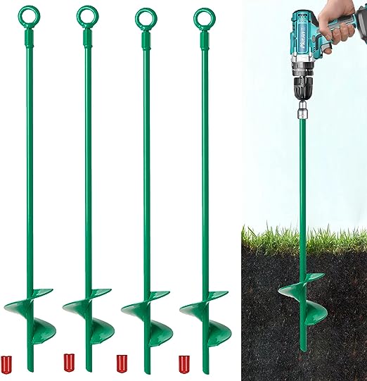 18" Long Ground Anchor Kit 4 Pack, Extended Helix Earth Anchor, 3" Wide Shed Anchor Hook for Swing Sets, Securing Animals, Camping Tent, Canopies, Car Port, Sheds