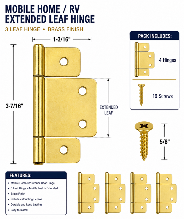 Mobile Home/RV Brass Interior Door Extended Leaf Hinge with Screws, 3-Leaf Design, 1-3/16" x 3-7/16", Pack of 4