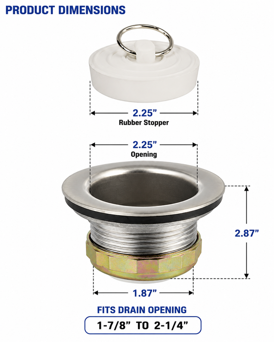 Mobile Home Bathtub Drain 1-1/2" Stainless Steel with Rubber Stopper