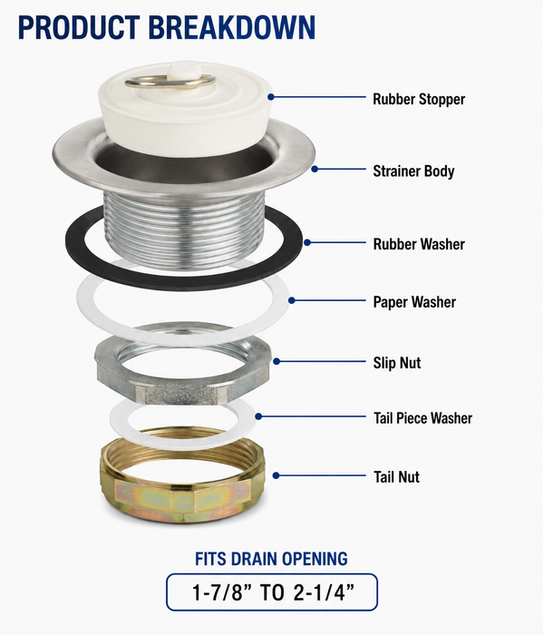 Mobile Home Bathtub Drain 1-1/2" Stainless Steel with Rubber Stopper
