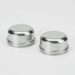 Two round steel dust caps with a silver finish, designed for trailer hubs.